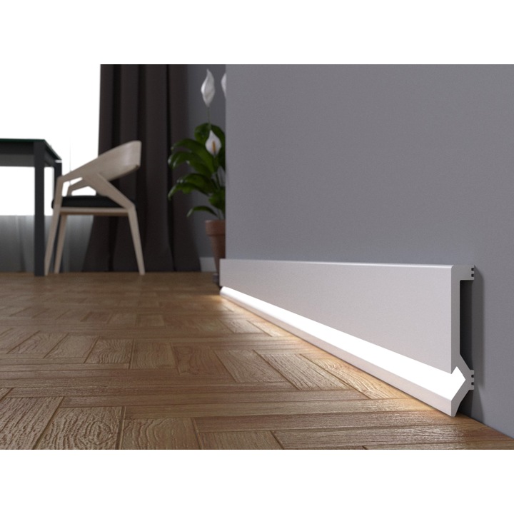 Plinta decorativa cu spatiu pentru banda led din duropolimer, alb, 2200 x 100 x 16 mm