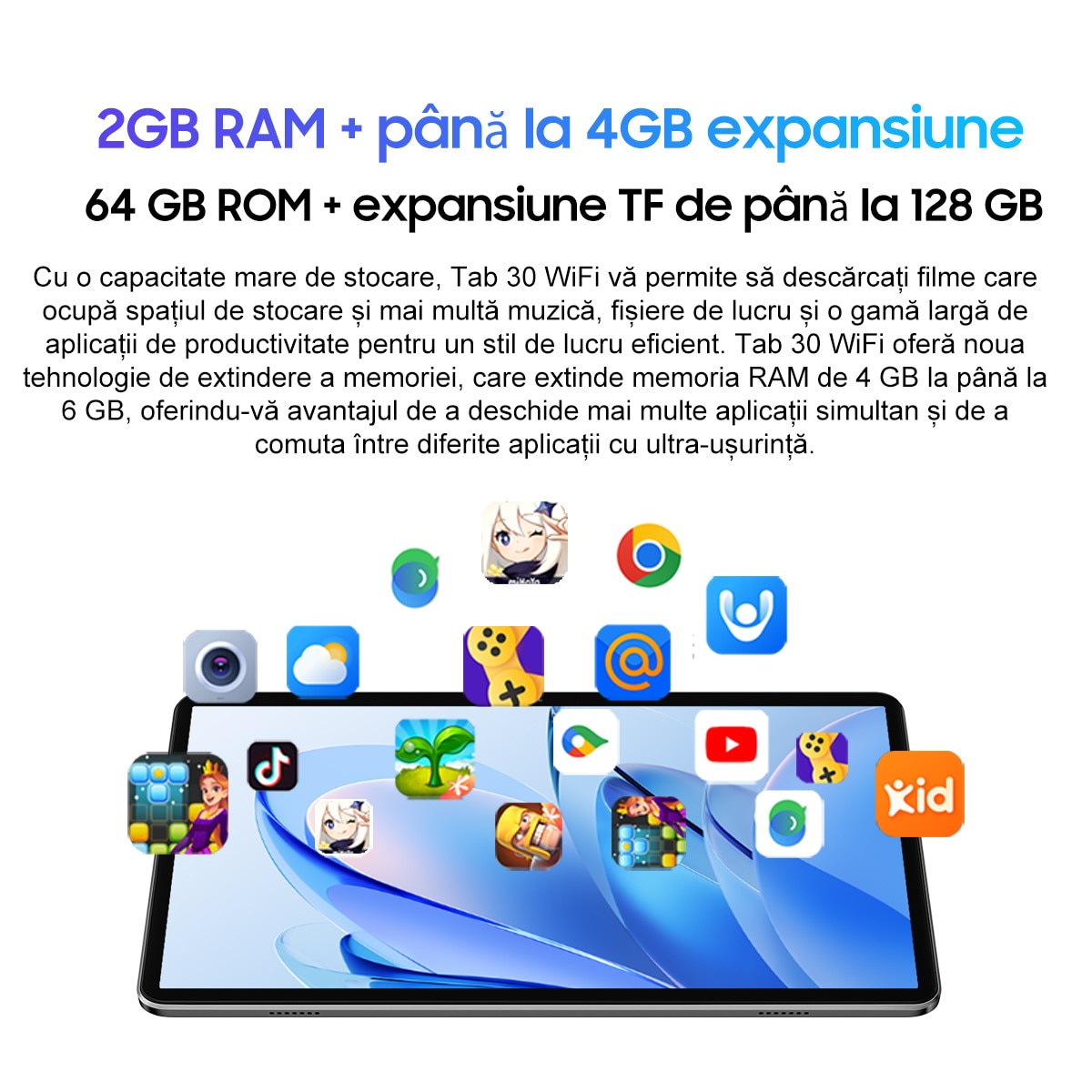 Tableta Blackview Tab 30 WiFi, 10.1 inch, Android 13 Go, Bluetooth 5.2, WIFI6(2.4G+5G), 6GB Ram(2GB + 4GB extensibili), 800×1280, Card TF unic, 64GB ROM, 5100mAH, Albastru