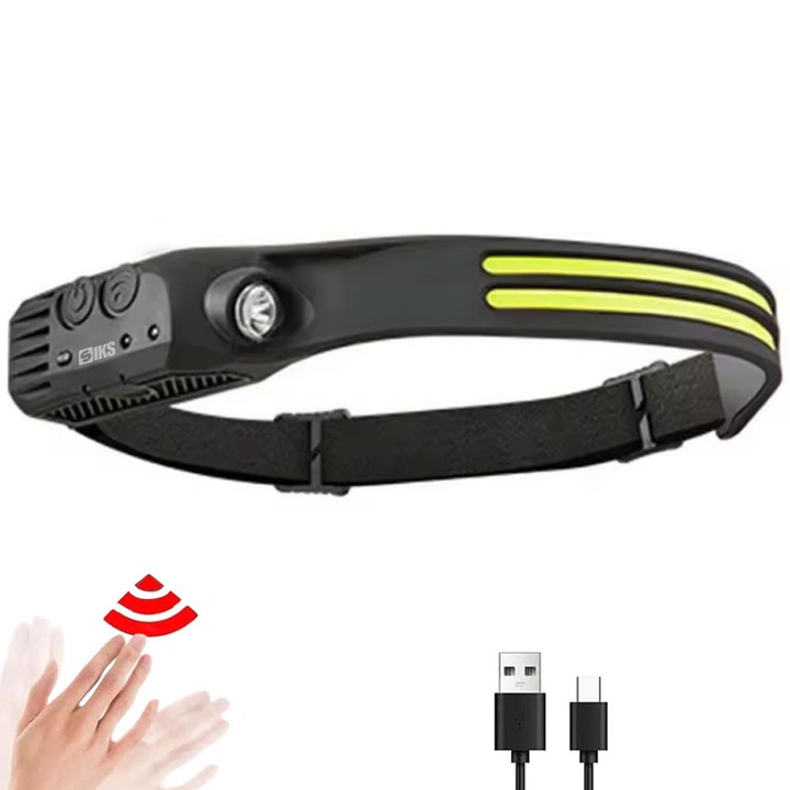 SIKS LED fejlámpa, 2 csíkos, professzionális, USB töltés, 6 fénymód, intenzitás állítás, 3 nagy intenzitású fényforrás, választható, horgászat, vadászat, munka, USB töltés, W689-2, fekete