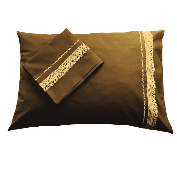 Set 2 x Fata de perna cu detaliu brodat, 50 cm x 70 cm, Casa Bucuriei, model Rustic, maro/crem/auriu, Bumbac 100%, doua fete