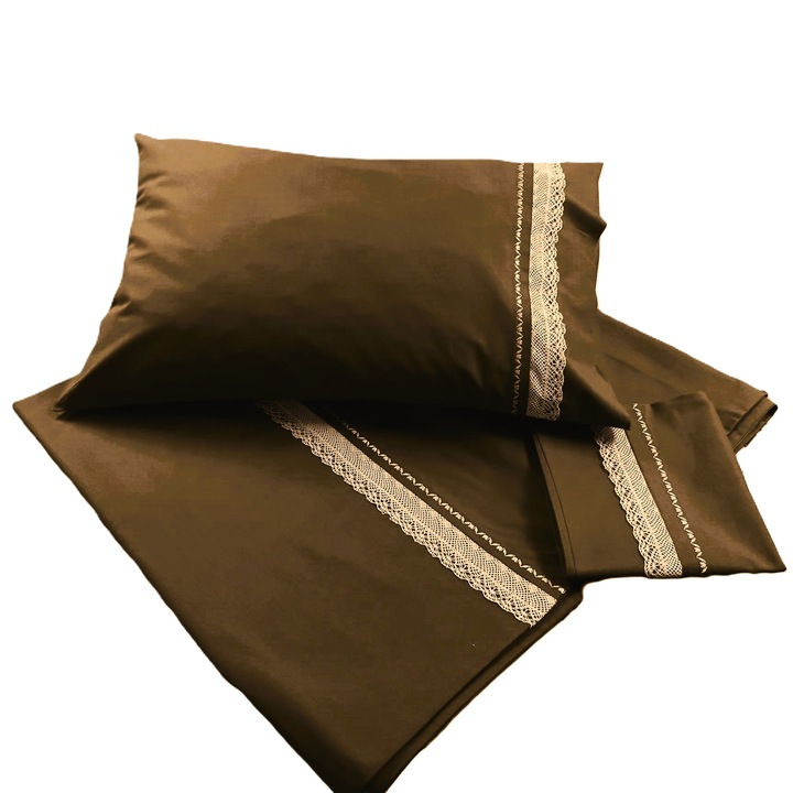 Единичен комплект спално бельо, Casa Bucuriei, модел Рустик, 4 части, кафяво/кремаво/златисто, 100% памук, чаршаф 180/250 см, плик за завивка 160/220 см