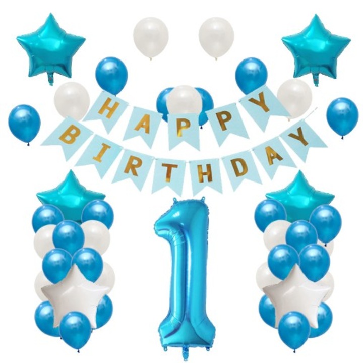 HAPPY BIRTHDAY Комплект балони за рожден ден, Flippy, комплект от 42 части, 1 голям брой, 4 звезди от алуминиево фолио, 37 обикновени звезди от латекс, Baby Boy, 60 см Син