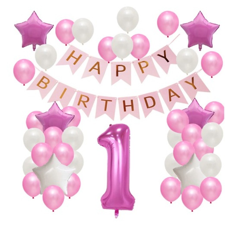 HAPPY BIRTHDAY Комплект балони за рожден ден, Flippy, комплект от 42 части, 1 част с голям номер, 4 звезди от алуминиево фолио, 37 обикновени звезди от латекс, момиченце, 60 см розово