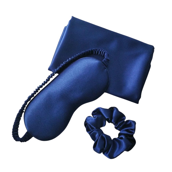 Премиум комплект от 100% естествена коприна Mulberry Silk Lommad®, калъфка за възглавница 50x70 см със скрит цип, маска за очи за сън, ластик за коса, нетоксична коприна 22 momme, OEKO TEX Standard 100 Certified, тъмносин