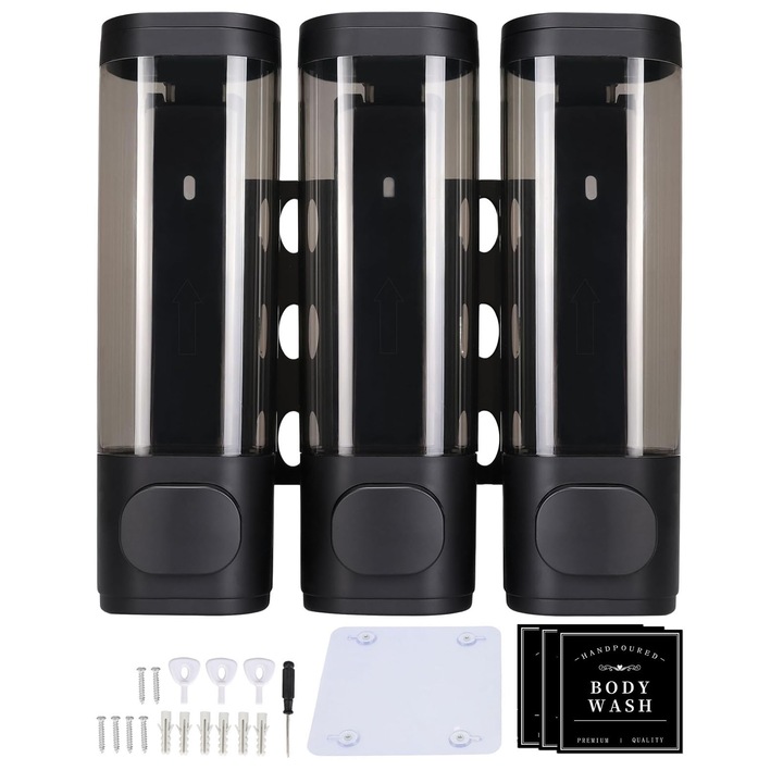 Dispenser de sapun, Hggzeg, Set 3 dozator (dispenser), Cu etichete, accesorii pentru instalare, 3 x 300 ml, PrinderedePerete, 2 metode de Instalare, Pentru sampon, sapun lichid, gel dus, ABS, 21.5 x 20 x 6.5cm, Negru