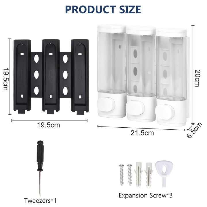 Dispenser de sapun, Hggzeg, Set 3 dozator (dispenser), Cu etichete, accesorii pentru instalare, 3 x 300 ml, PrinderedePerete, 2 metode de Instalare, Pentru sampon, sapun lichid, gel dus, ABS, 21.5 x 20 x 6.5cm, Alb