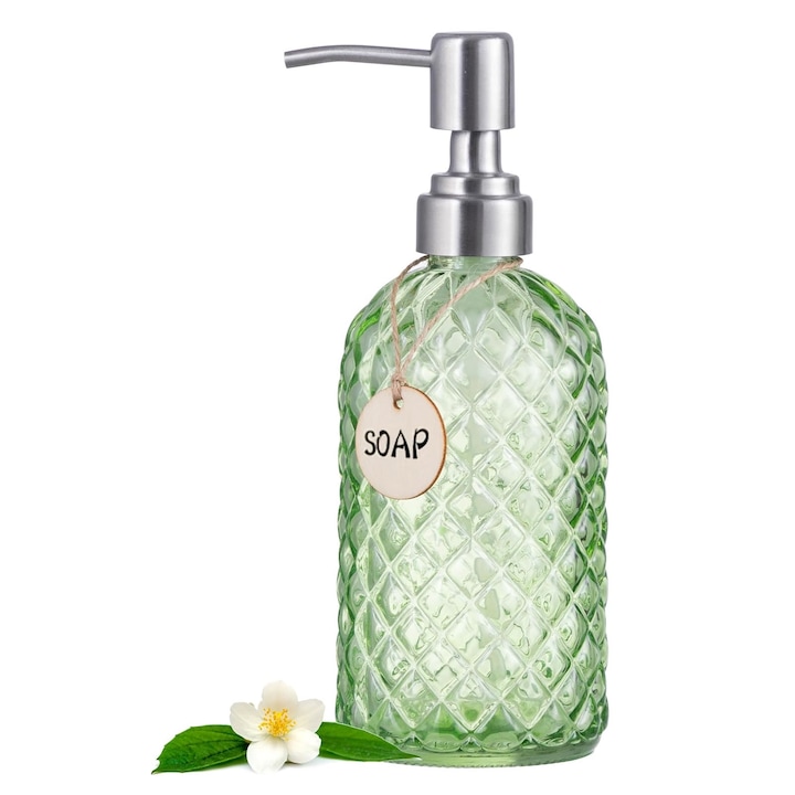 Dozator sapun din sticla, Hggzeg, Dispenser sapun lichid actionare manuala, 350 ml, Cap de pompa din 304, Reutilizabile, Usor de reumplut, Usor de instalat si curatat, Durabil, Pentru sampon, balsam si gel de dus, 7 x 19 cm, Verde
