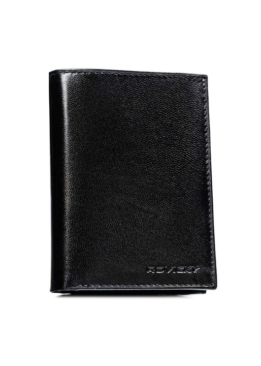 Portofel vertical din piele naturala, Rovicky, negru, 13x9.5x2cm, cu protectie RFID