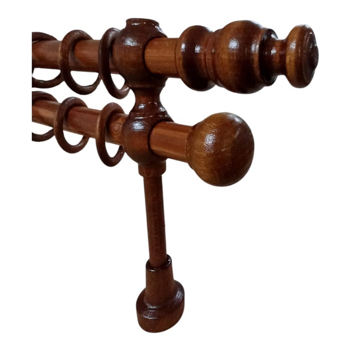 Двойно стругован дървен корниз за пердета/завеси, модел Roma/Rondo, 140 см, включени всички аксесоари, цвят ОРЕХ