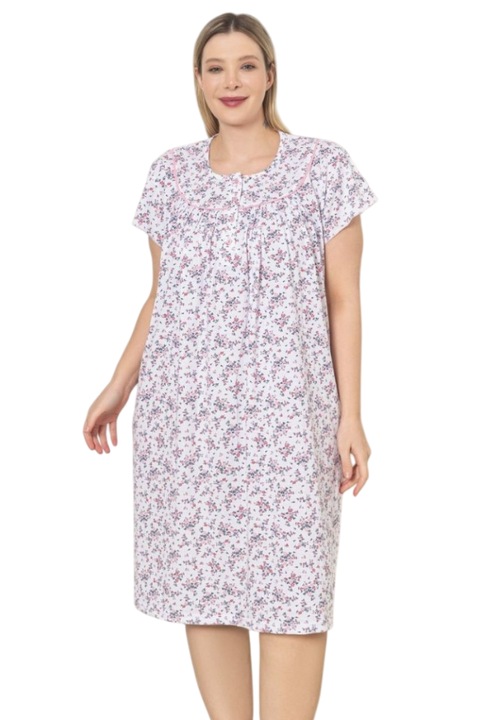 1Camasa de Noapte Bumbac, Maneca Scurta, Motiv Floral, Roz