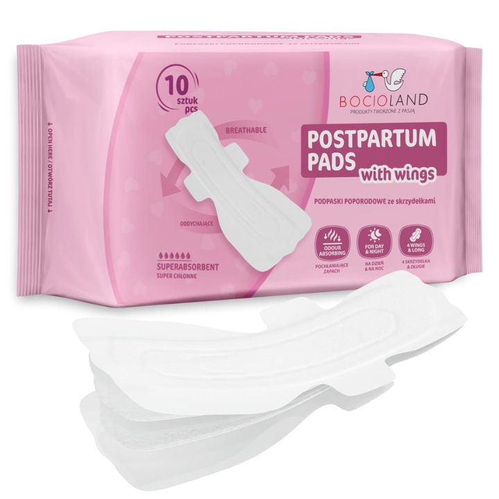 Комплект от 10 следродилни абсорбиращи превръзки Bocioland BL155, със задържащи крила, за ден и нощ, дължина 42 см, 6 пласта