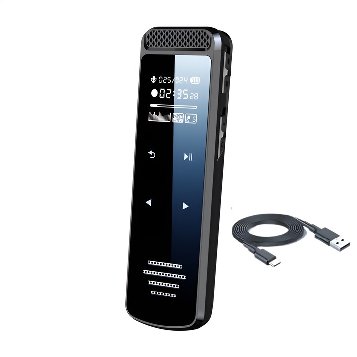 Reportofon Profesional Vala Tech®️, MP3/WAV, Reducere a Zgomotului, Activare Vocala, 1536Kpbs, Captare Omnidirectionala, Playback, Redare in Bucla, Securizat cu Parola, Baterie 300Mah, Negru, Discret