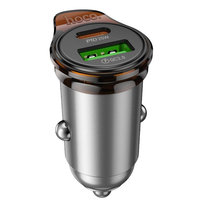 Hoco NZ16A autós töltő, gyorstöltés, USB Type-C és USB, ezüst