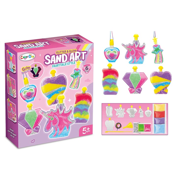 Set creativ cu nisip colorat decorativ pentru copii Sand Art FairyTale, 6 sticlute, + 5 ani