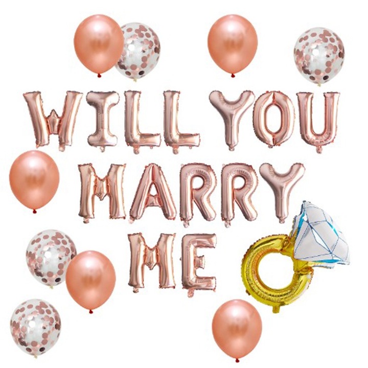 Комплект декоративни балони WILL YOU MARRY ME, Flippy, комплект от 12 части, 10 латексови балона, 1 комплект Marry me, 1 фолиен пръстен балон, розово злато