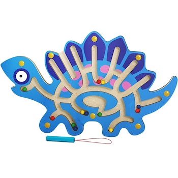 Joc Montessori cu bile, creion magnetic, tip labirint, din lemn, model Stegozaur, 25 x 15.5 cm, albastru