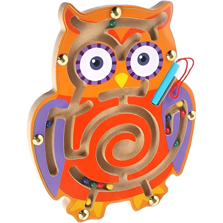 Joc Montessori cu bile, creion magnetic, tip labirint, din lemn, model bufnita, 18.5 x 17.5 cm, portocaliu-mov