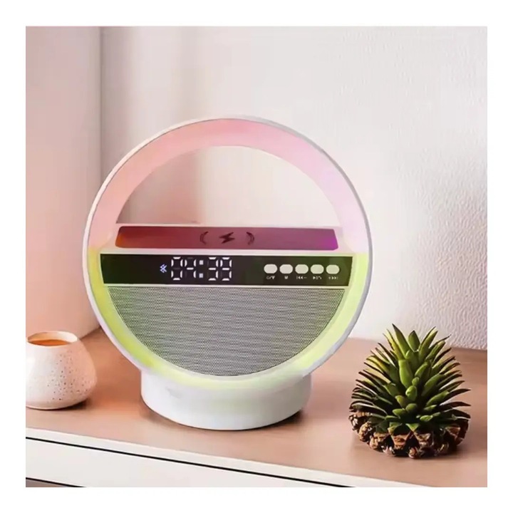 Ceas digital de birou XM-G5, cu incarcare wireless 15W, iluminare RGB si player audio Bluetooth