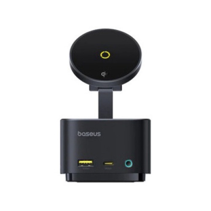Baseus MagPro Series II 7-в-1 докинг станция, USB-Type-C PC връзка, USB 3.2 x 1, 15W безжично зареждане, MicroSD/SD четец на карти, черен