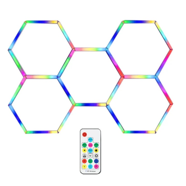 HoneyComb LED RFAN, 5 X Hexagon RGB, Tip Lumina Multicolor, Controler Digital, 43W