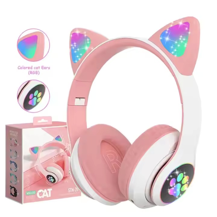 Casti wireless pliabile, Urechi de pisica, casti pentru copii, Lumini LED RGB, Microfon, Bluetooth 5.0, Slot SD, Reducere Zgomot, Baterie 400mAh, culoare roz