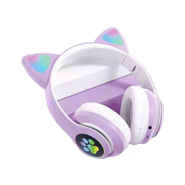 Vezeték nélküli fejhallgató macskafülű gyerekeknek, RGB LED világítás, mikrofon, Bluetooth 5.0, összecsukható, SD foglalat, zajcsökkentés, 400 mAh-s akkumulátor, lila szín