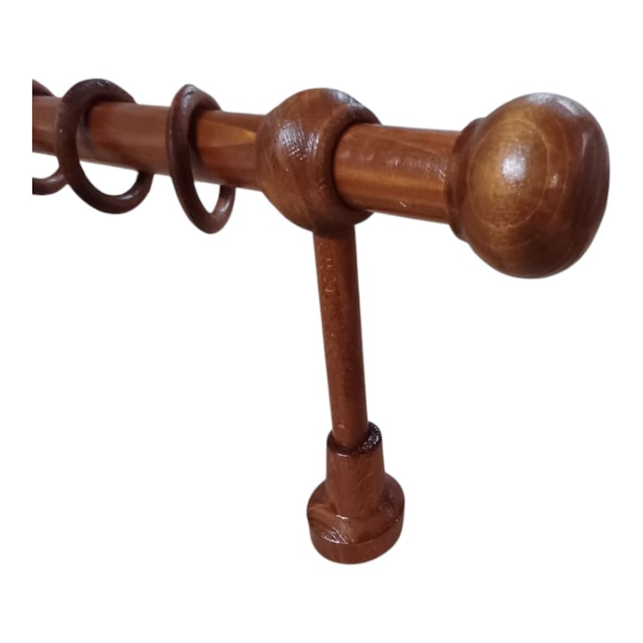 Galerie din lemn strunjit pentru perdele/draperii, Model Rondo, 120 cm, toate accesoriile incluse, Culoare NUC