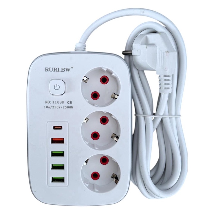 Prelungitor cu 3 prize, 4 USB si 1 USB-C, cablu 2.8 metri, 2500W AVI-4798