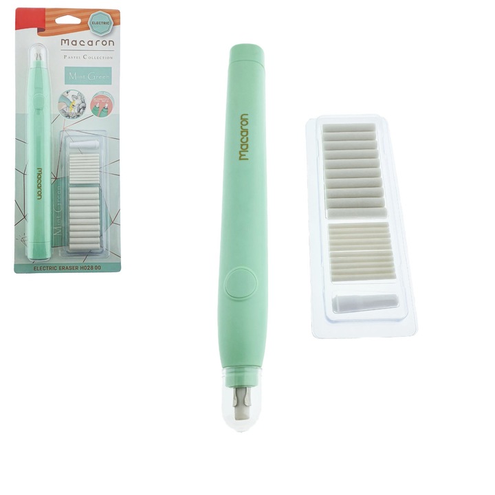 Radiera Electrica model Macaron H028, stergere precisa pin-point, design ergonomic, 20 rezerve incluse, verde Verde pastel