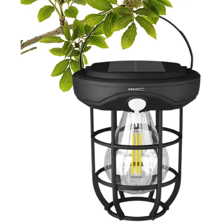 Felinar Tip Lampa Solara Led GREATON, Panou Solar incorporat, Lumina Decorativa Calda, Prindere Pe Perete Sau Agatare, Accesorii Montaj Incluse, Portabila, Putere 2W, Negru