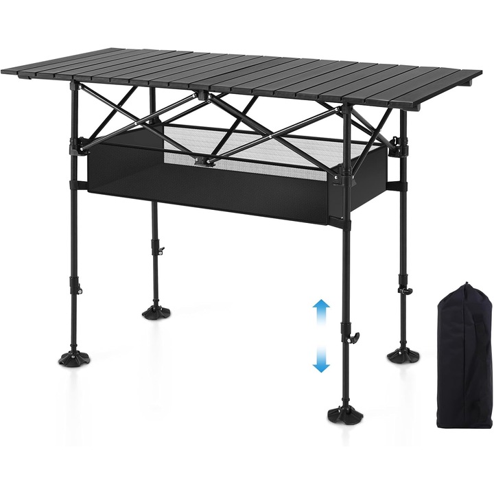 Masa Camping Pliabila, SANSES, 120x55cm, Reglabila 50-80cm, Negru