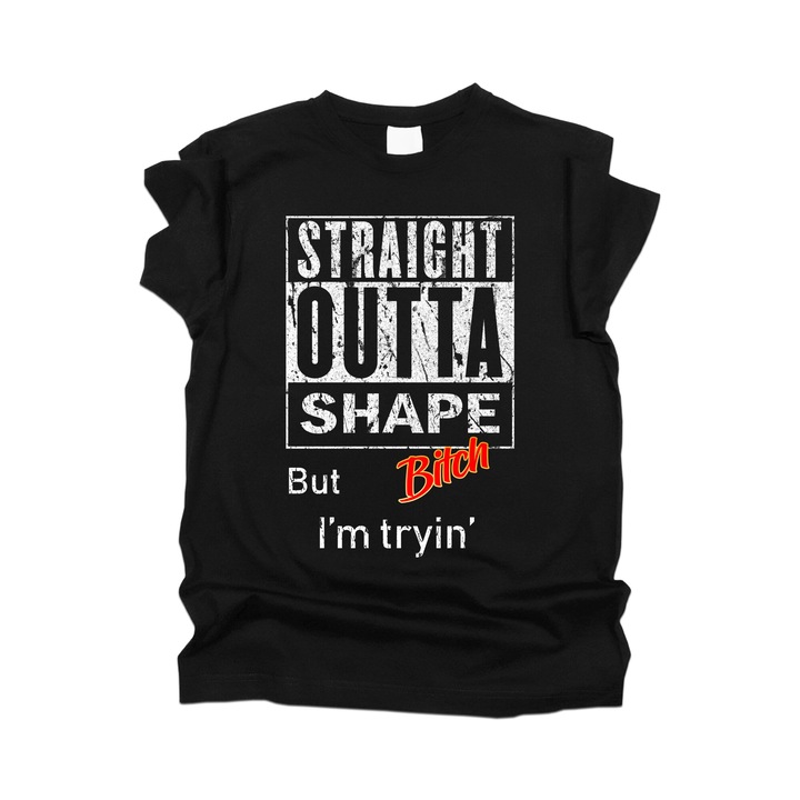 Tricou barbati BIG SIZE, cu mesaj amuzant, Rebel Icon, Straight Outta Shape, negru, 4XL