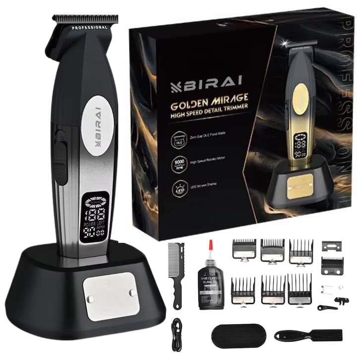 BIRAI Golden Mirage Professzionális hajvágó, Újratölthető, Töltőállvány, Erőteljes 9000 RPM motor, LED kijelző, Szupergyors USB töltés, Vízálló, Titán pengék, Fodrász, Szalon, Precíziós, Ergonomikus, Fésű, Kefe, Fekete ezüst