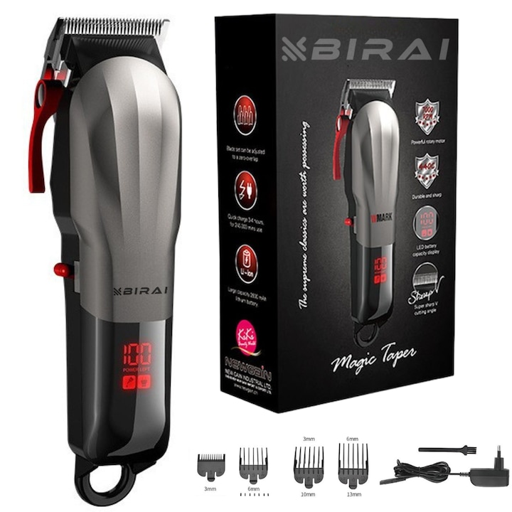 Professzionális hajvágó akkumulátorral, többfunkciós, erős 7000 RPM motor, LED kijelző, szupergyors USB töltés, vízálló, kivehető titán pengék, fodrászat, szalon, precíziós, ergonómikus, teljesítmény, fekete