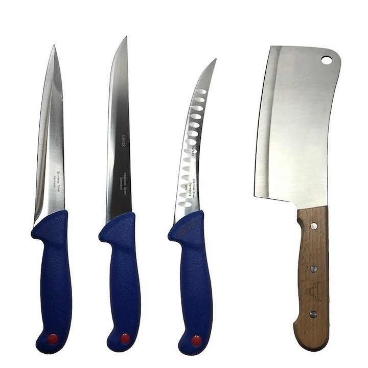 Set profesional de macelarie, filetat, transat, injunghiat, dezosat, otel carbon, 3 cutite, satar, Dactylion®