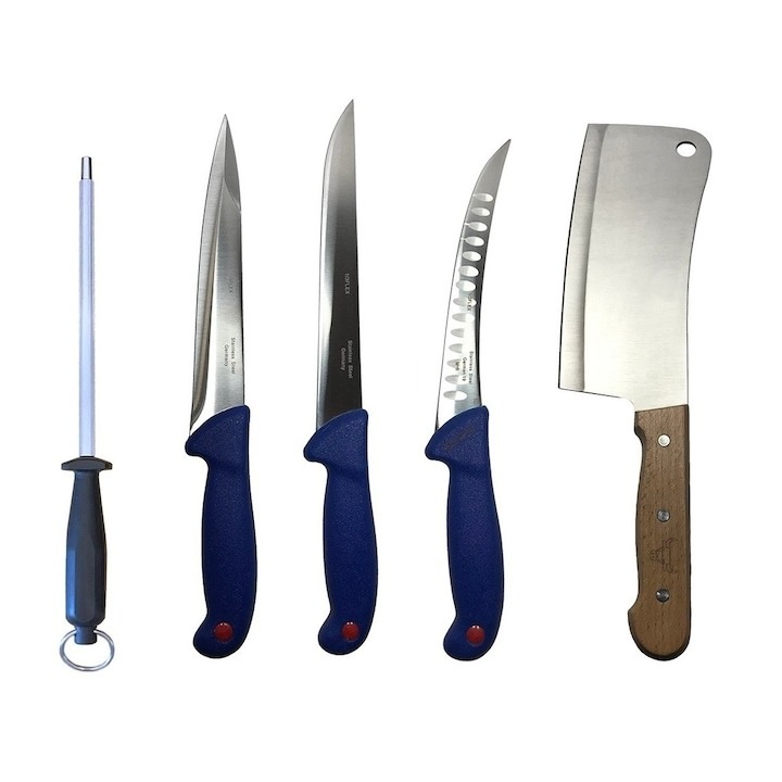 Set profesional de macelarie, filetat, transat, injunghiat, dezosat, otel carbon, 3 cutite, masat pentru ascutit, satar, Dactylion®