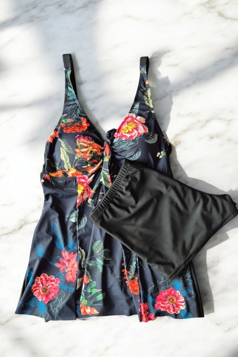Nagy méretű fürdőruha, tankini, 2 db, szoknya és rövidnadrág, sötétkék nyári pálmák, L