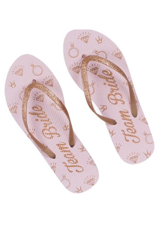 Papuci de Plaja Roz Glitter Bronz Curea cu Imprimeu "Bride"