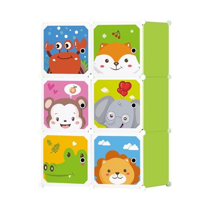 Dulap modular pentru copii, portocaliu, AT PERFORMANCE®, 6 rafturi, durabil, 74X37X110 cm, animalute zoo