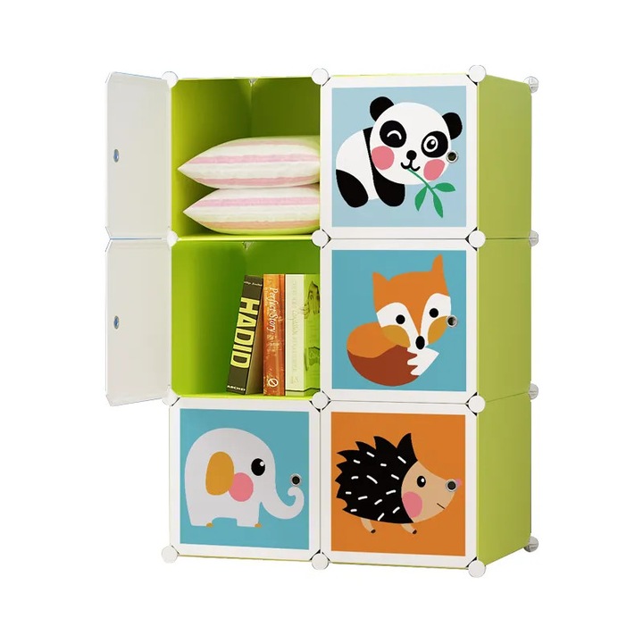 Dulap modular pentru copii, verde, AT PERFORMANCE®, 6 rafturi, durabil, 74X37X110 cm, animalute zoo