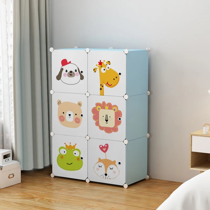 Dulap modular pentru copii, alb cu albastru, AT PERFORMANCE®, 6 rafturi, durabil, 74X37X110 cm, animale