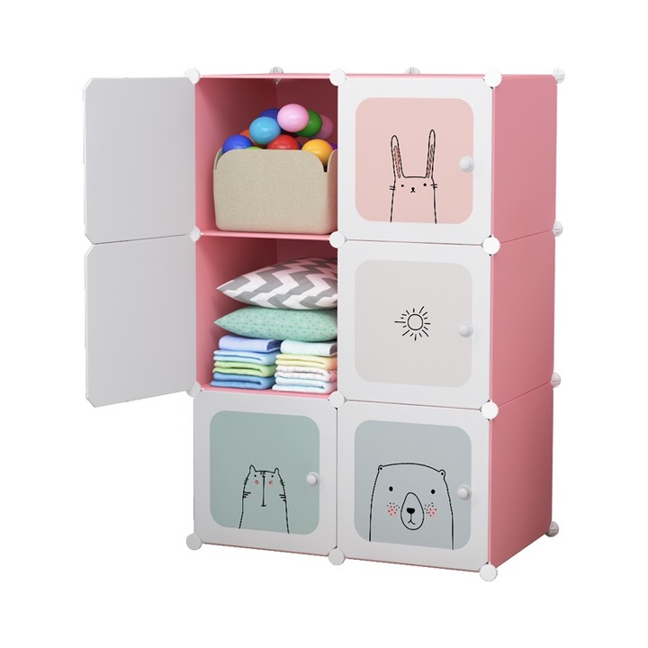 Dulap modular pentru copii, alb cu roz, AT PERFORMANCE®, 6 rafturi, durabil, 74X37X110 cm, roz, animalute
