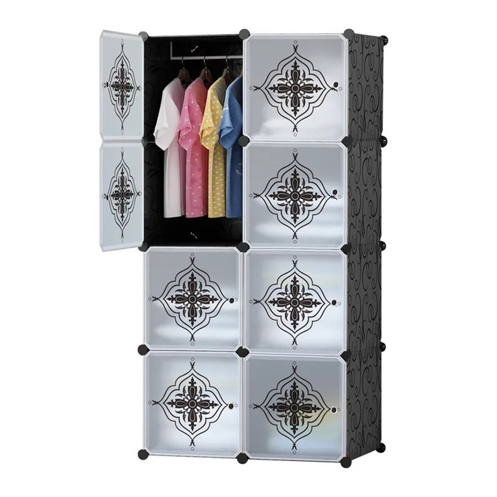 Dulap modular pentru copii, AT PERFORMANCE®, 8 rafturi, durabil, 76X37X147 cm, animalute, Negru cu usi transparente