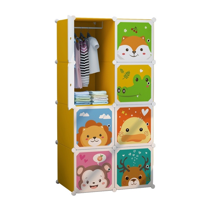 Гардероб за деца AT PERFORMANCE, модулен, 8 рафта, издръжлив, 76X37X147 см, животни, оранжев, животни