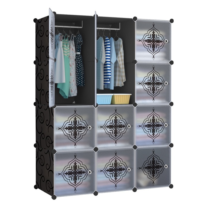 Детски гардероб AT PERFORMANCE, модулен, 12 рафта, издръжлив, 110X37X147 см, черен с прозрачни врати