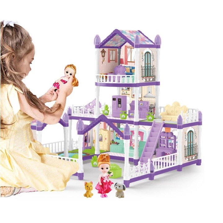 Sofia DollHouse SmartViBE™ babaház, barkácsjátékkészlet 192 DARABBAL, 3 emelet, 6 szoba, 2 terasz, kivehető bútorok és kiegészítők, baba és 2 kisállat kutya és macska, BPA mentes, fénycső, 55 cm magasság, lila, + 3 év