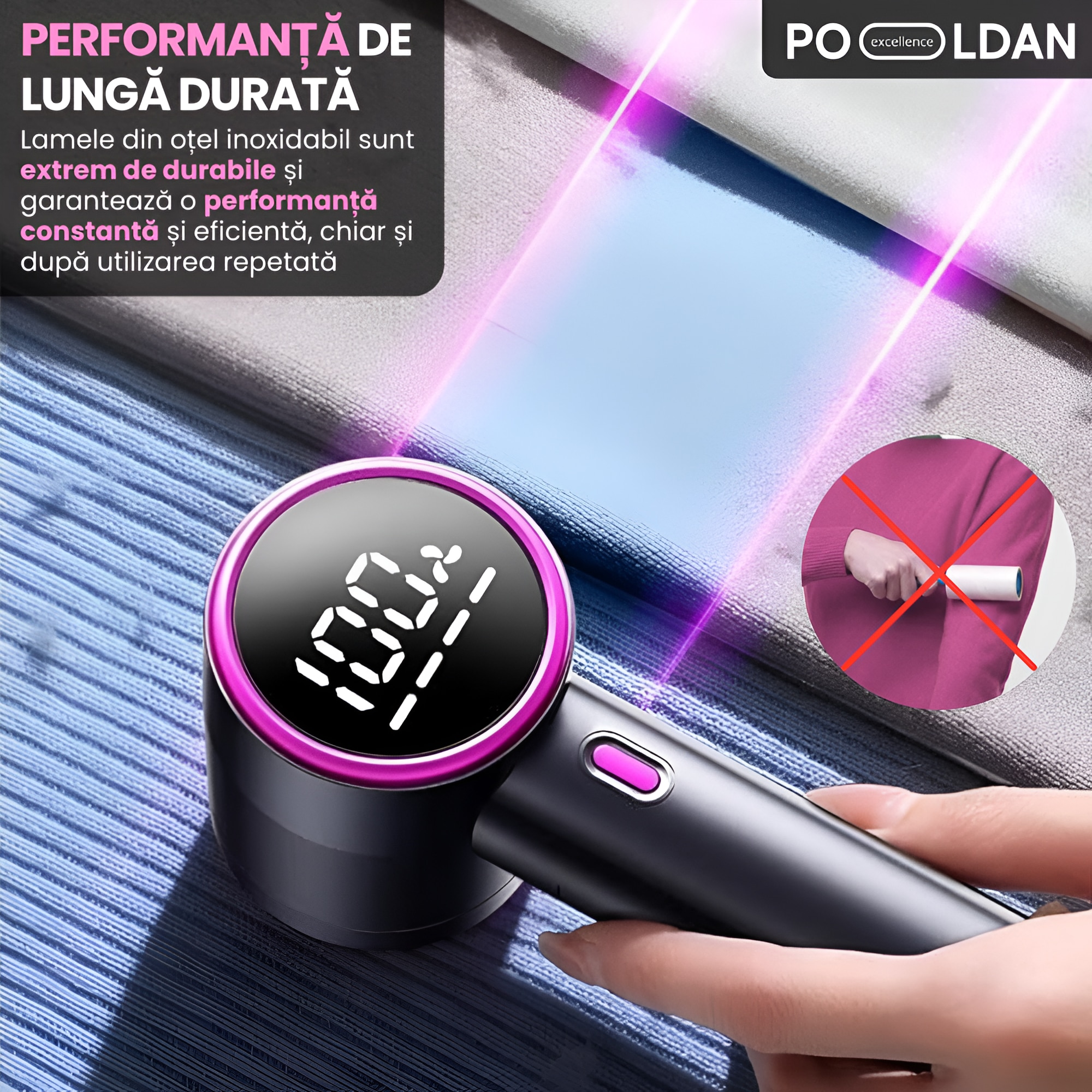 Aparat de curatat scame, cu acumulator reincarcabil, portabil, lame inox, pentru indepartat si eliminat scamele de pe haine, lenjerie, pat, cearceaf, display LED, eficient, usor de utilizat, design compact, negru