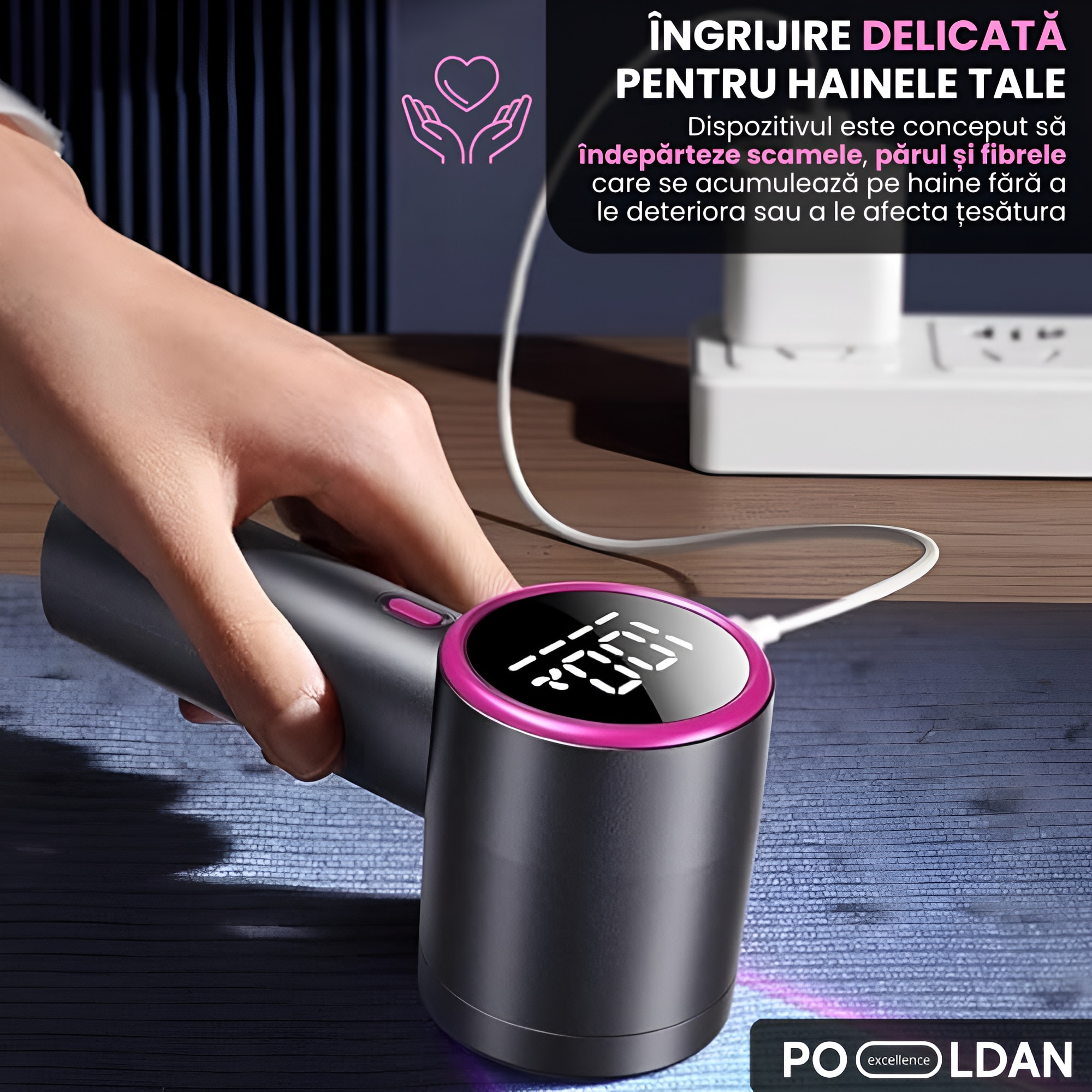 Aparat de curatat scame, cu acumulator reincarcabil, portabil, lame inox, pentru indepartat si eliminat scamele de pe haine, lenjerie, pat, cearceaf, display LED, eficient, usor de utilizat, design compact, negru