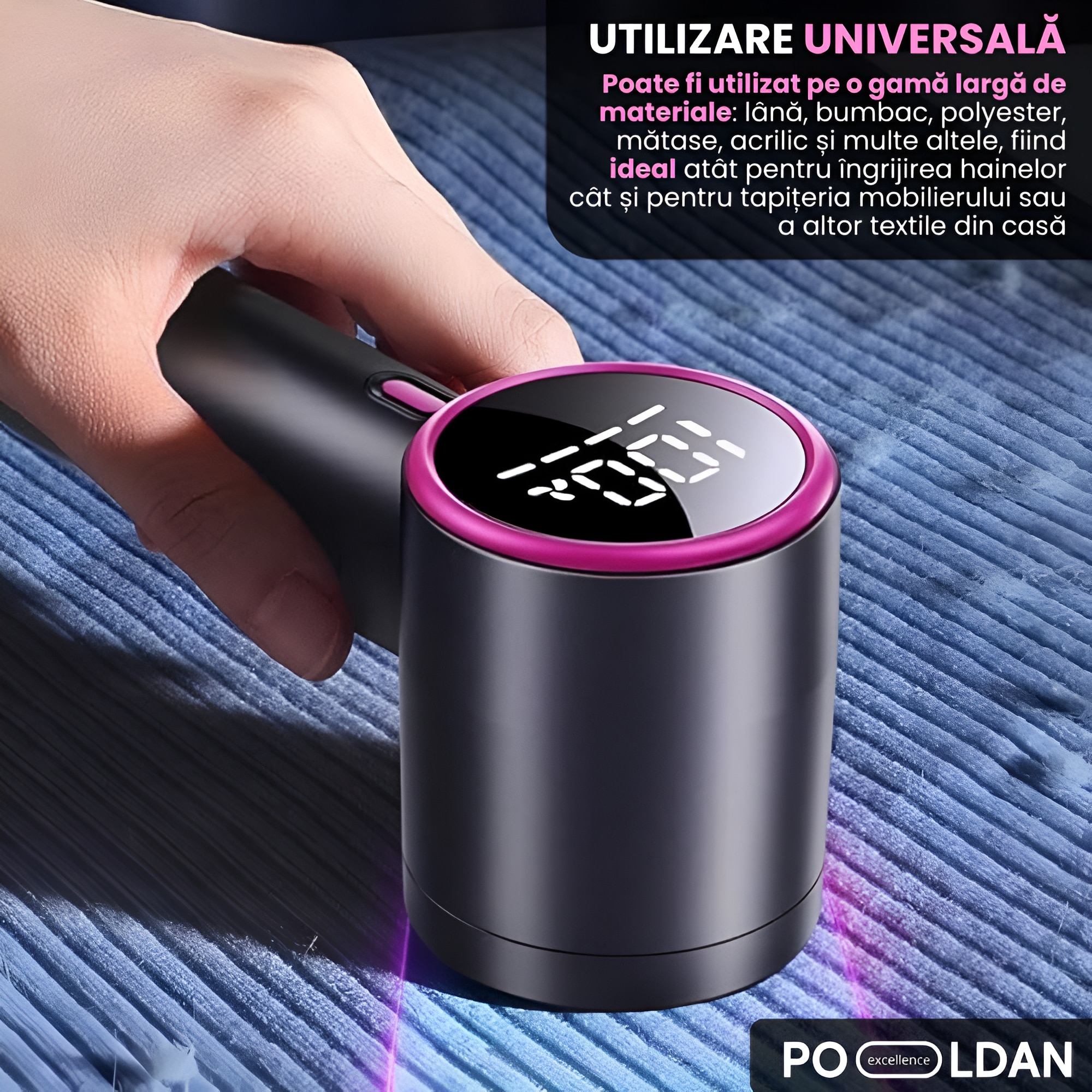 Aparat de curatat scame, cu acumulator reincarcabil, portabil, lame inox, pentru indepartat si eliminat scamele de pe haine, lenjerie, pat, cearceaf, display LED, eficient, usor de utilizat, design compact, negru