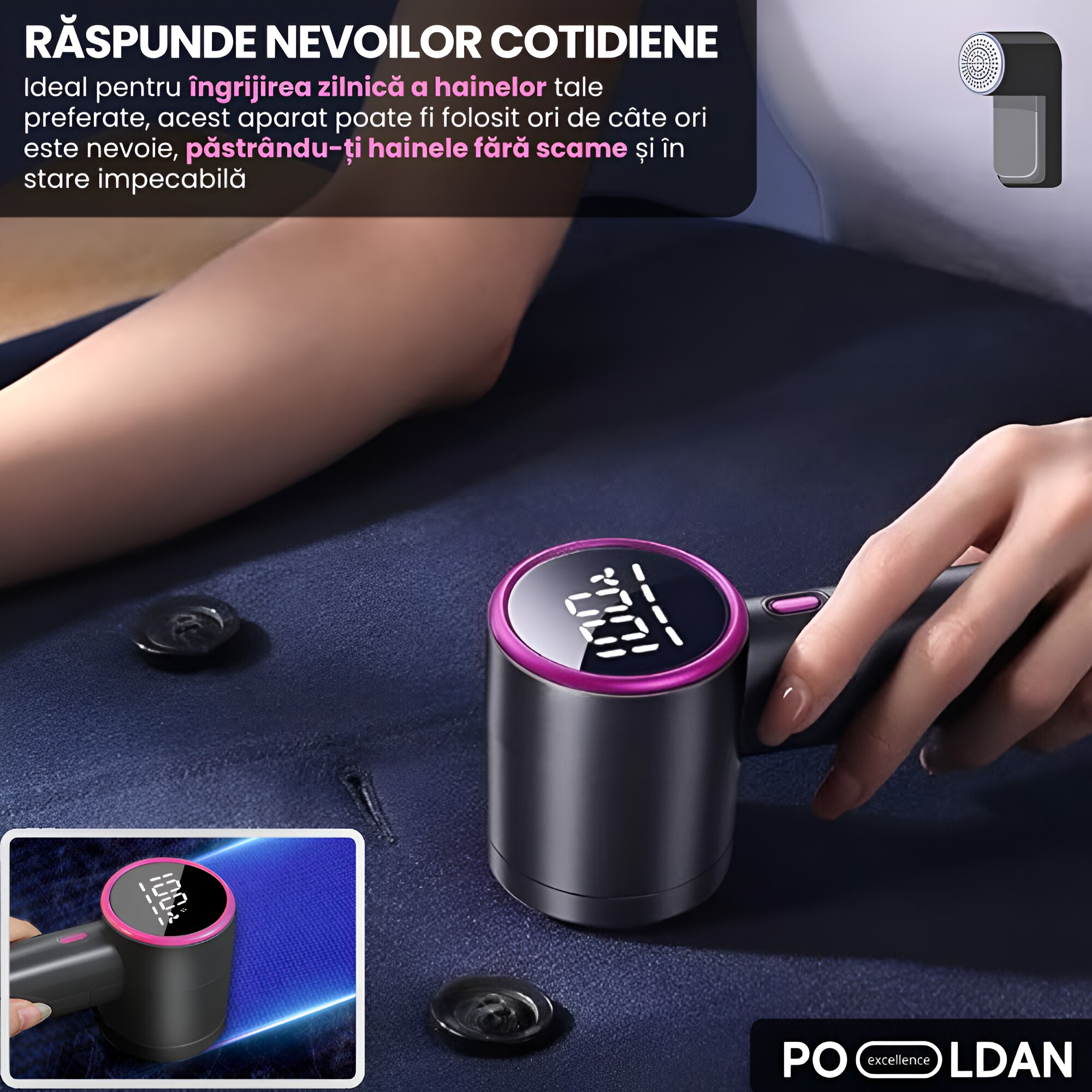 Aparat de curatat scame, cu acumulator reincarcabil, portabil, lame inox, pentru indepartat si eliminat scamele de pe haine, lenjerie, pat, cearceaf, display LED, eficient, usor de utilizat, design compact, negru